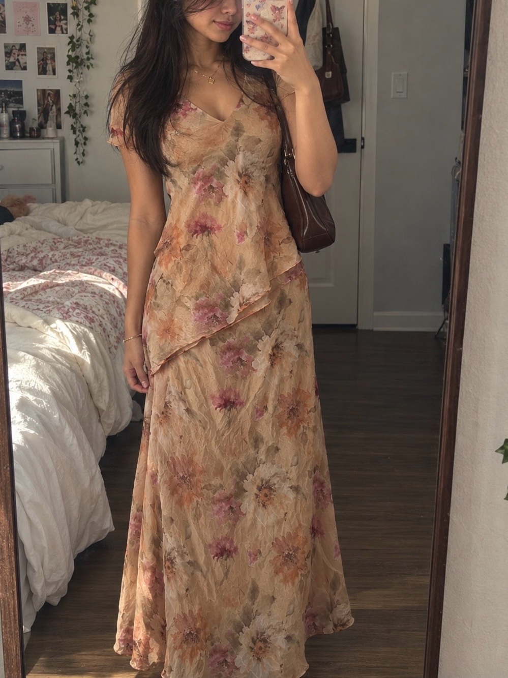 Vintage Beige and Pink Floral Asymmetrical Maxi Dress